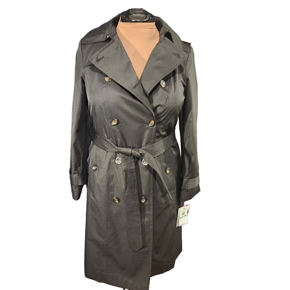 NWT LONDON FOG Womens Double-Breasted Hooded Trench Coat, Black, size 0X - Picture 4 of 11
